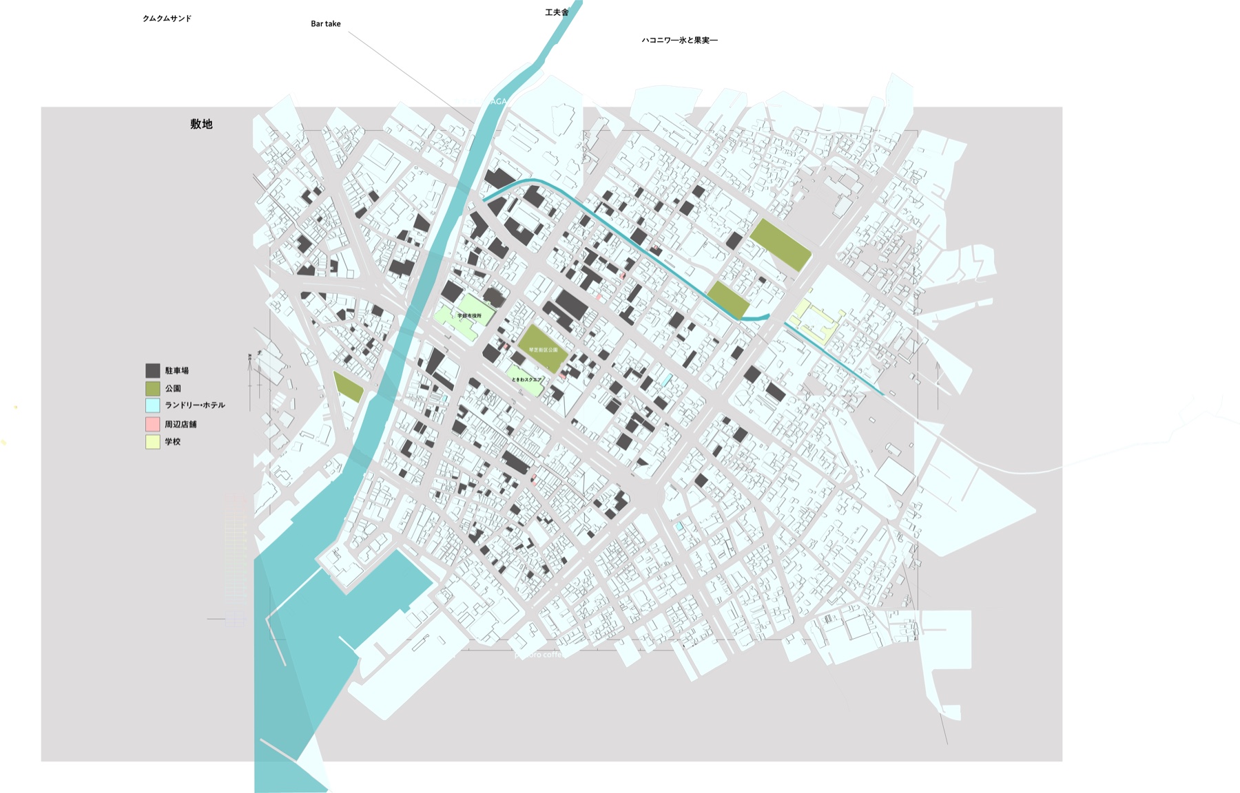 宇部市街のアクティビティ地図。駐車場・公園・ランドリー/ホテル・店舗・学校を色分けし、まちに散らばる駐車場を琴芝へ畳み込むParking-Oriented Parkの都市スキーム。