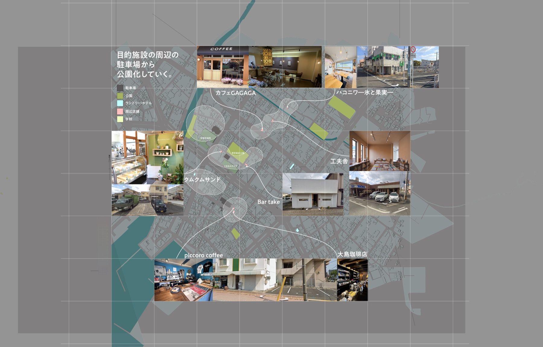 目的施設の周辺駐車場から段階的に公園化していく構想。カフェGAGAGA・工夫舎・大島珈琲店など実在の店を起点に、駐車場↔公園を交換する。
