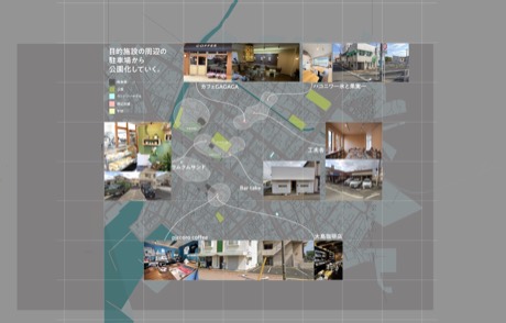 目的施設の周辺駐車場から段階的に公園化していく構想。カフェGAGAGA・工夫舎・大島珈琲店など実在の店を起点に、駐車場↔公園を交換する。