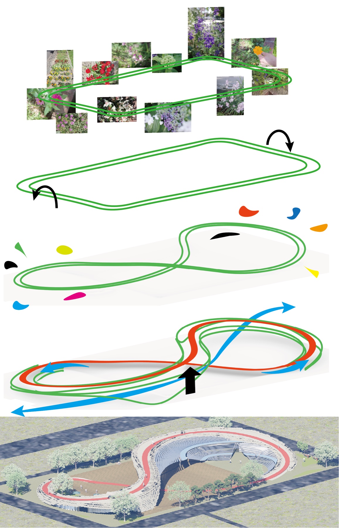 花のカタログ→ループ状の園路→Bowl地形→動線という設計生成のダイアグラムと、8の字状Bowlに沈む全体鳥瞰。