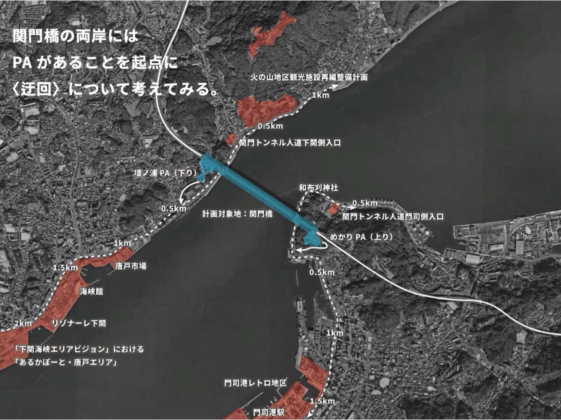 計画対象地＝関門橋。壇ノ浦PA・めかりPAや火の山・唐戸・門司港レトロなど周辺資源と距離を重ねた敷地周辺図。